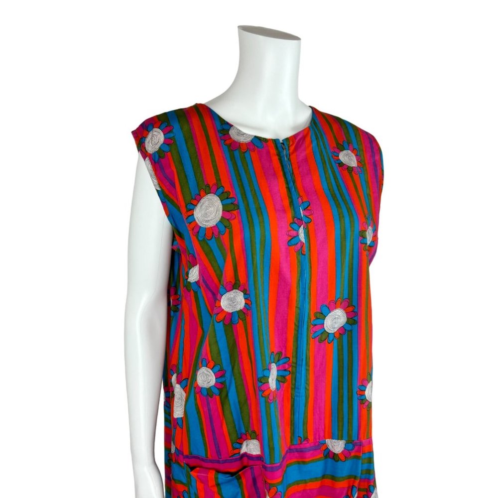 Vintage 60s Striped Romper Women's 1X Colorful Sleeveless Floral Zip Up Playsuit - Picture 3 of 11